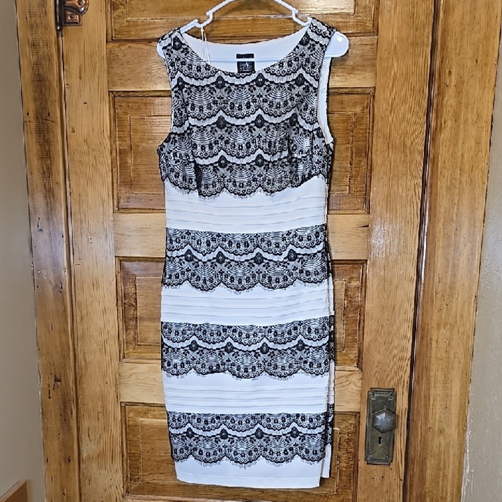 Jax White Dress with Black Lace Overlay Midi